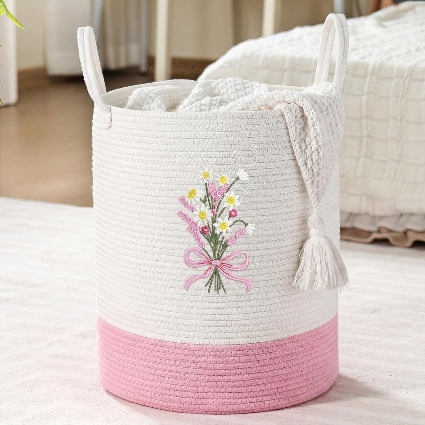 Cesta algodón lazo rosa 15x18pulg canasta ropa niña