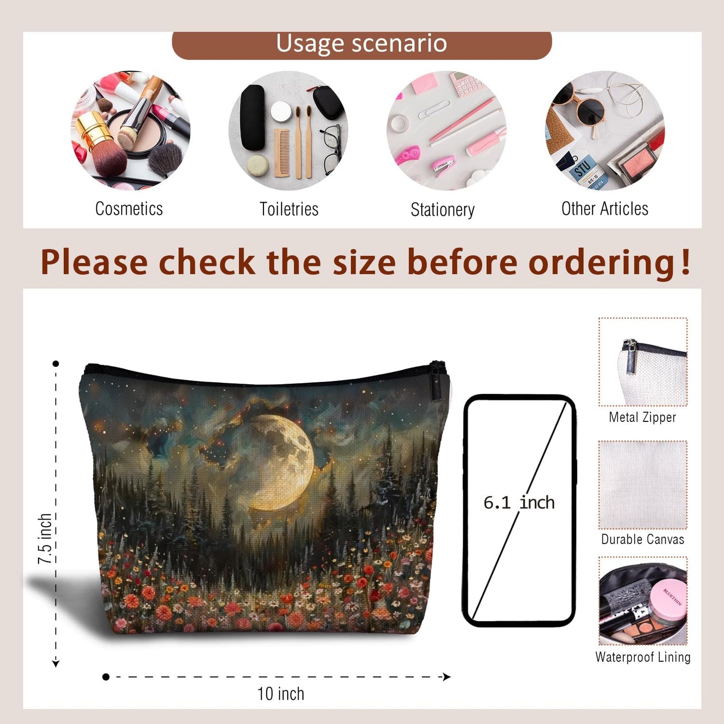 Bolsa maquillaje flores botánicas estrellas y luna