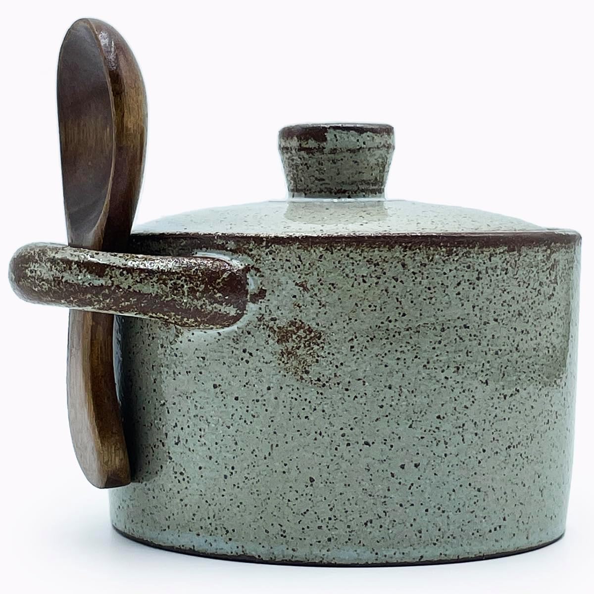 Bodega de sal de cerámica con tapa y cuchara de madera, recipiente para encimera, azucarero y tarro de especias