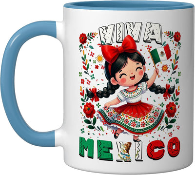 Taza de cerámica para niña con bandera mexicana azul blanco
