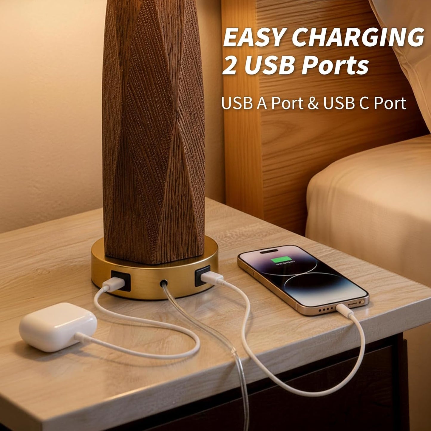 2 Lámparas Mesa 27.5pulg USB-A USB-C Resina Madera