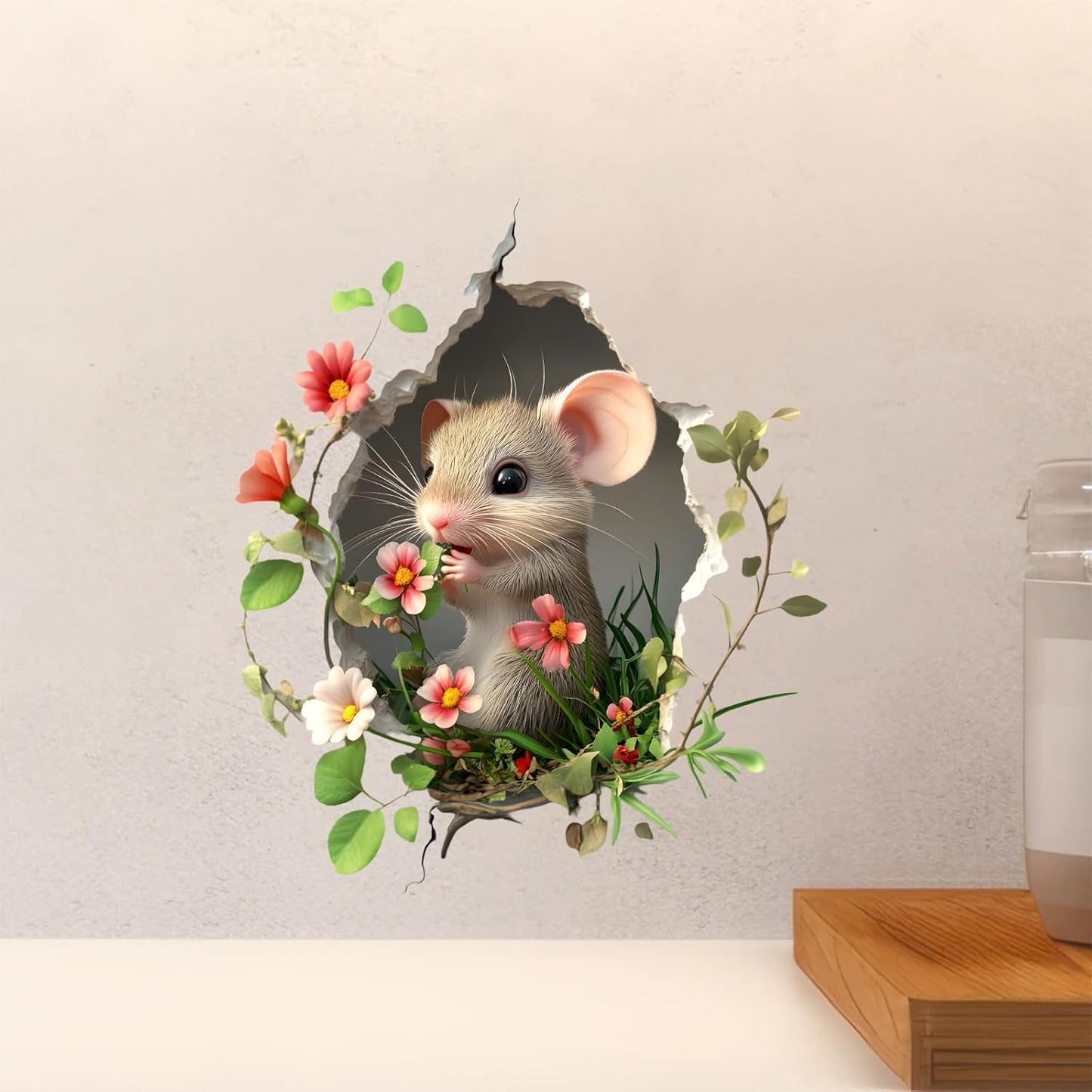 Adhesivo 3D mamá y bebé ratón con flores para pared