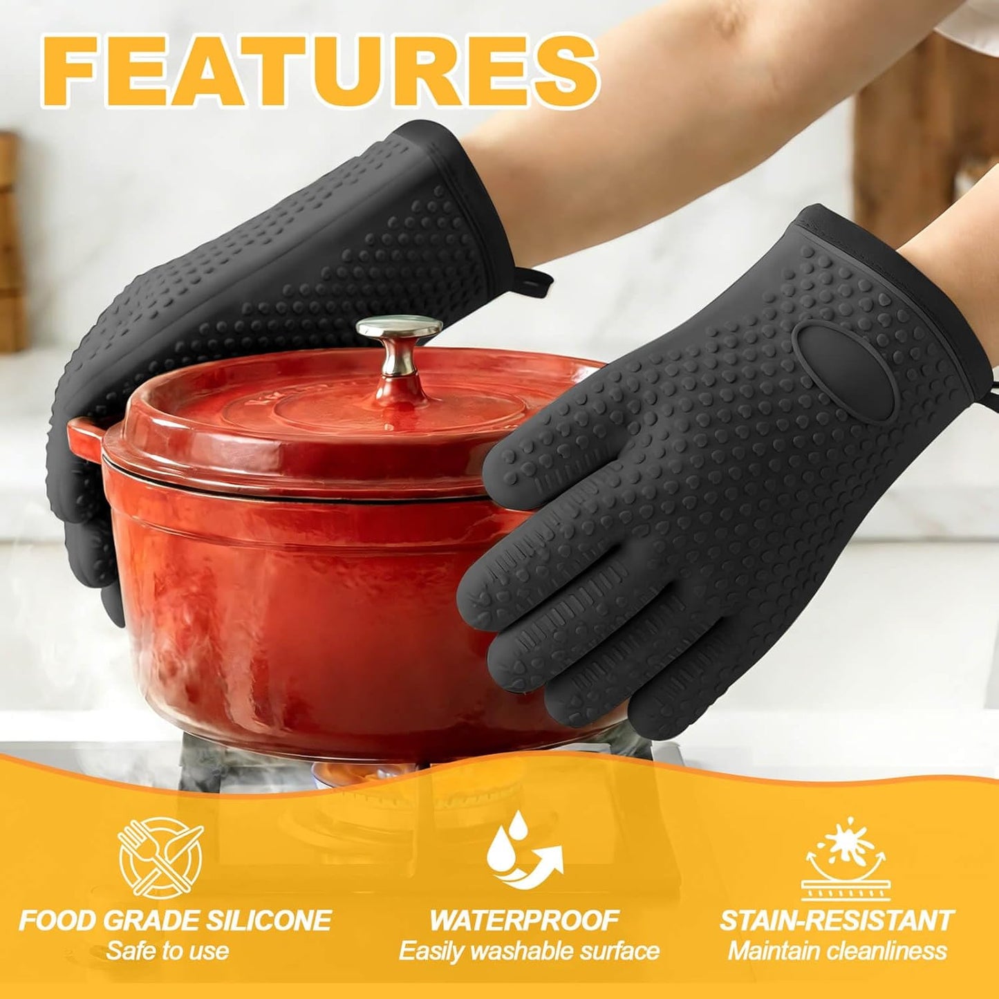 Guantes de horno silicona resistente al calor para cocina con forro de algodón
