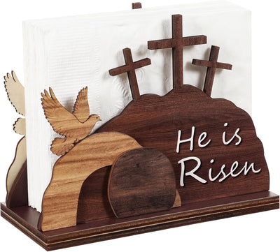 Servilletero de Pascua con texto 'He Is Risen' para decoración cristiana