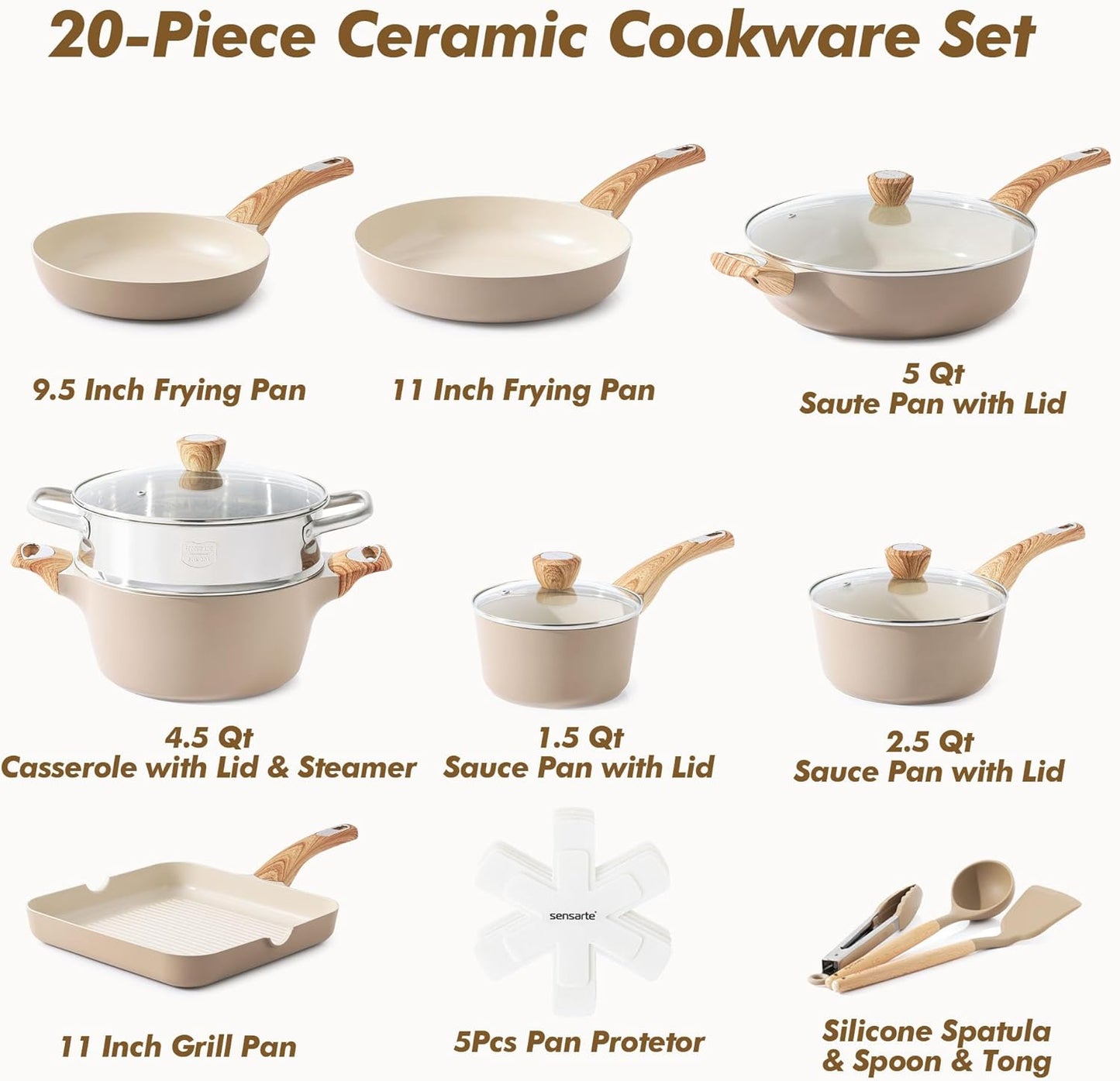 Set 20 pzas utensilios cocina cerámica sartén 1.5qt antiadherente
