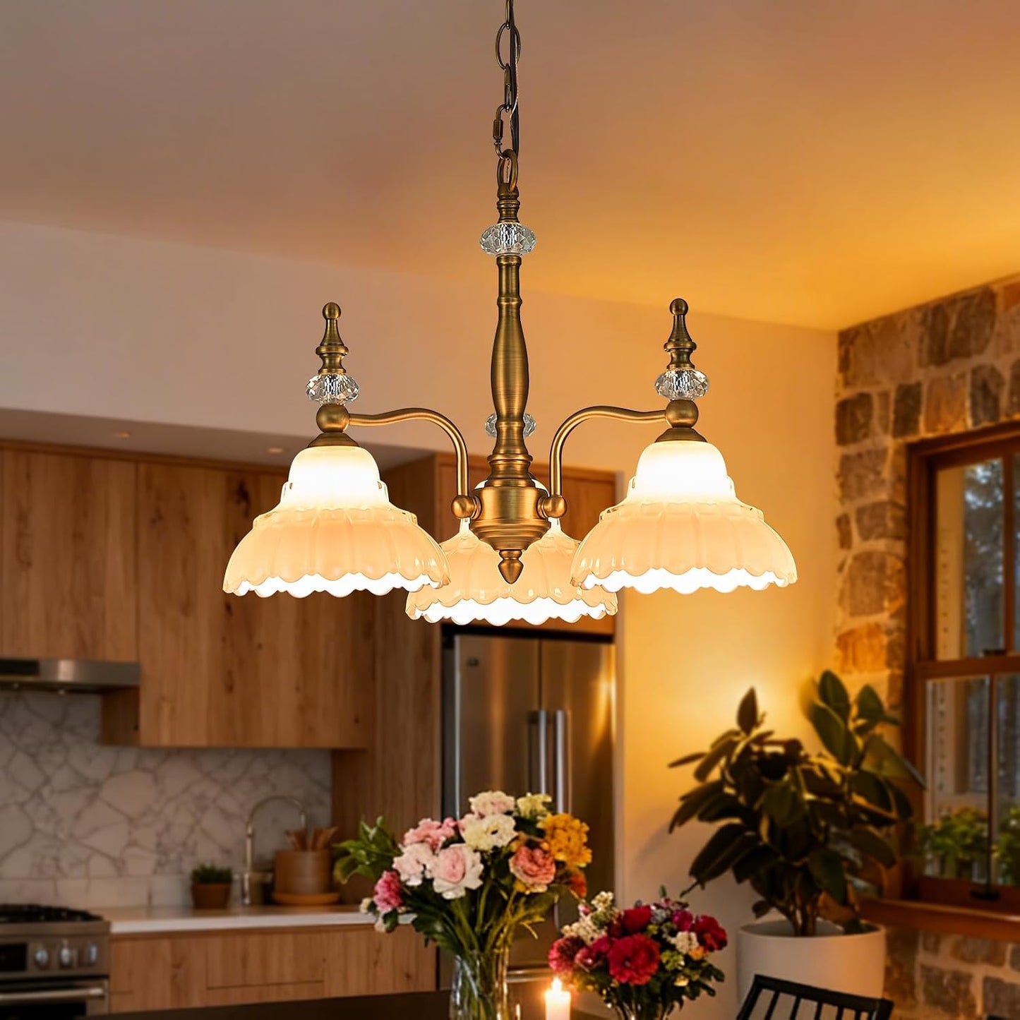 Candelabro 3 luces moderno para comedor y sala marrón latón