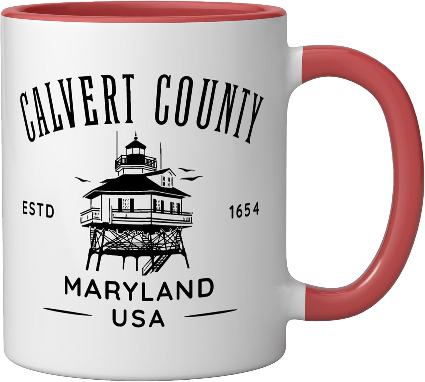 Taza cerámica diseño faro Calvert County Maryland roja/blanca
