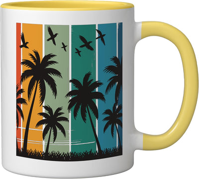 Taza cerámica retro amarillo/blanco con palma y atardecer