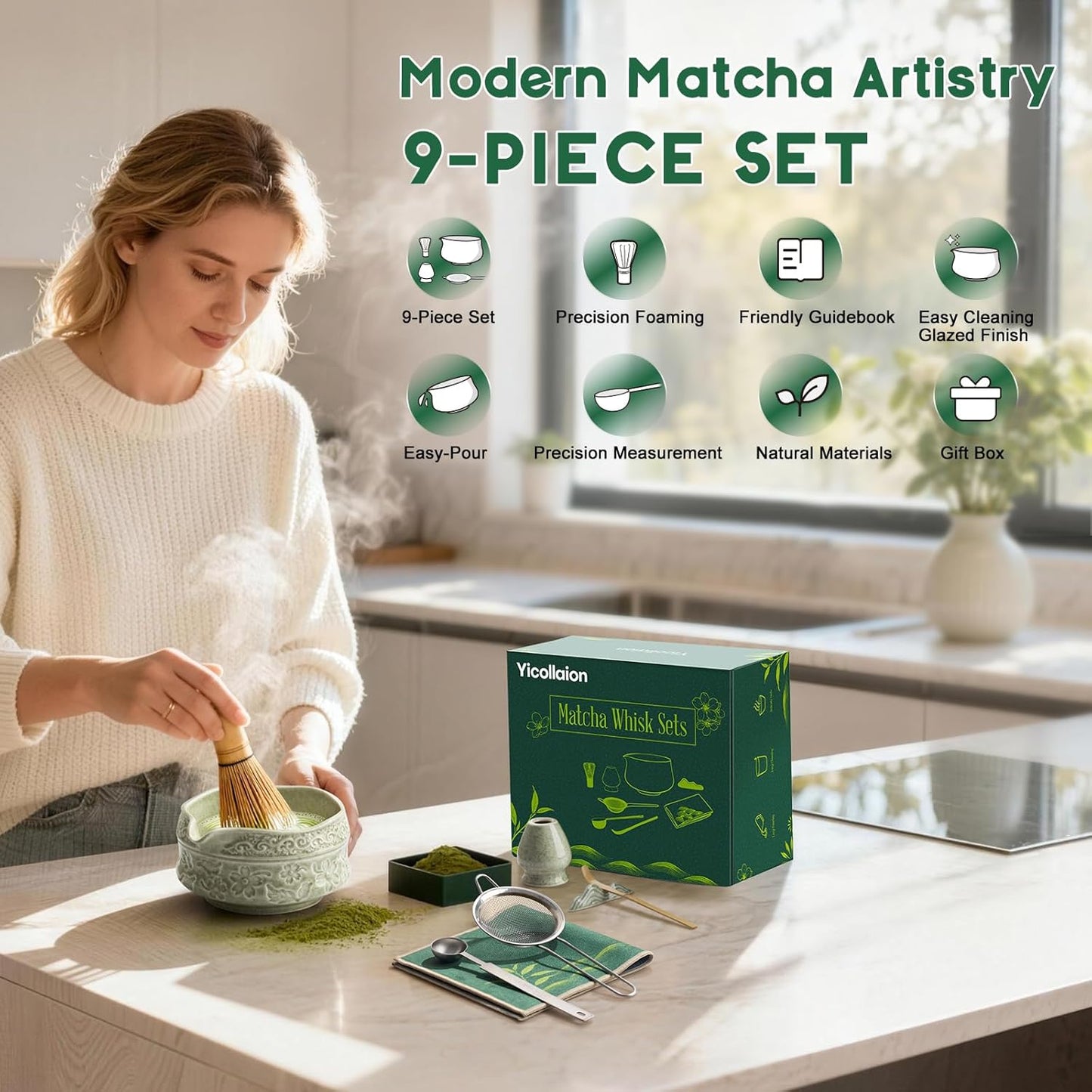 Set 9 Pzas Batidor Matcha Cerámica Bambú Soporte Tamiz