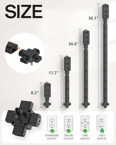 Extensor tomacorrientes 2 salidas CA 2 USB-A 1 USB-C 8-36pulg