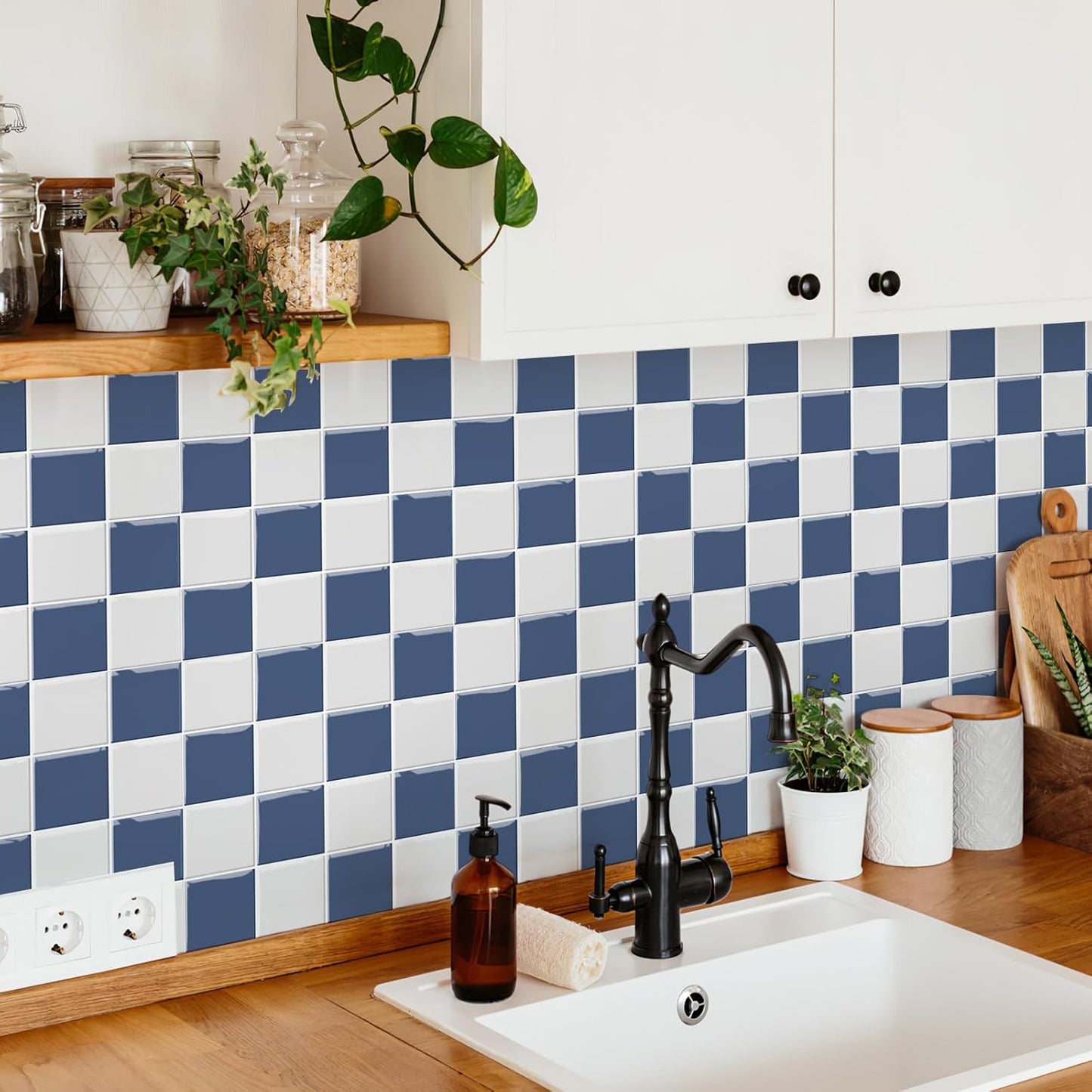 Hoja autoadhesiva 12x12pulg para azulejos cocina baño azul blanco