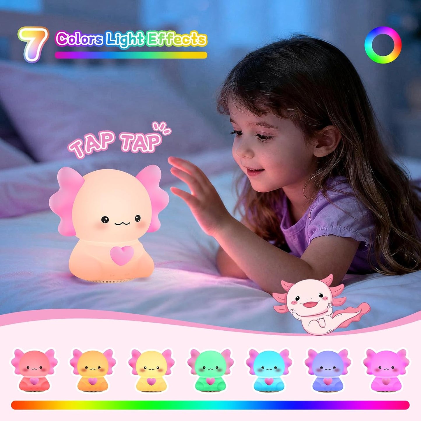 Luz Nocturna Ajolote Rosa 7 Colores con Altavoz Inalámbrico