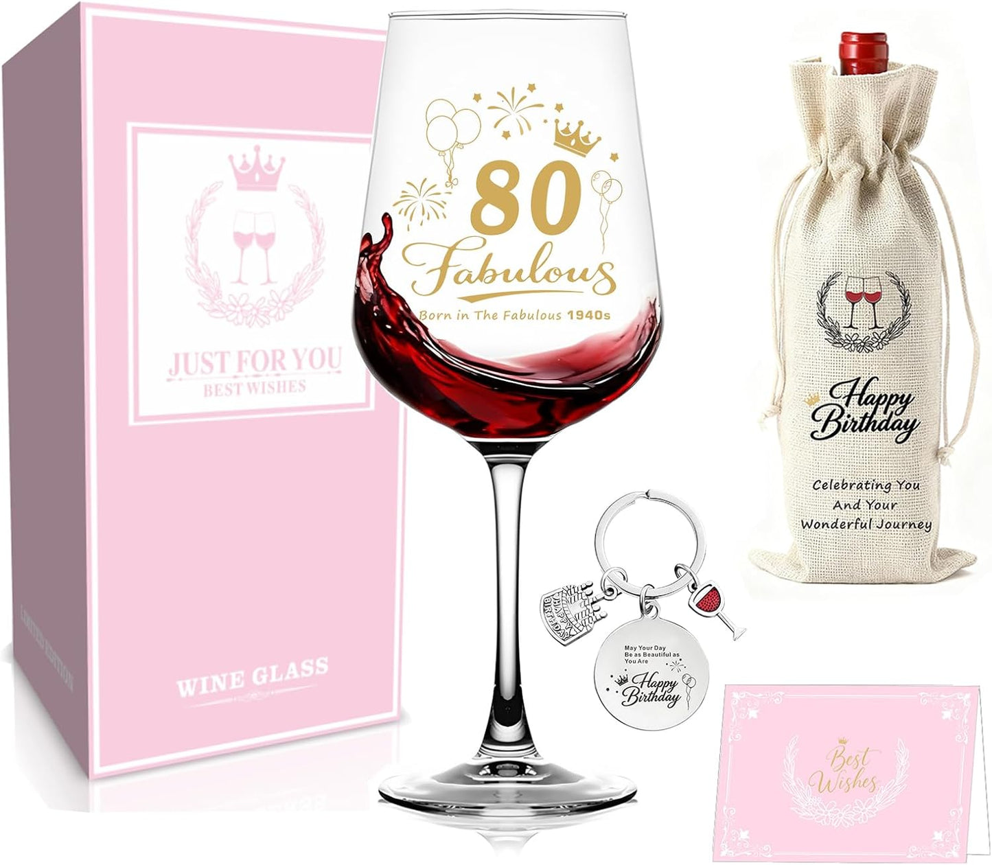 Copa vino cumpleaños 80 mujer set regalo con bolsa llavero
