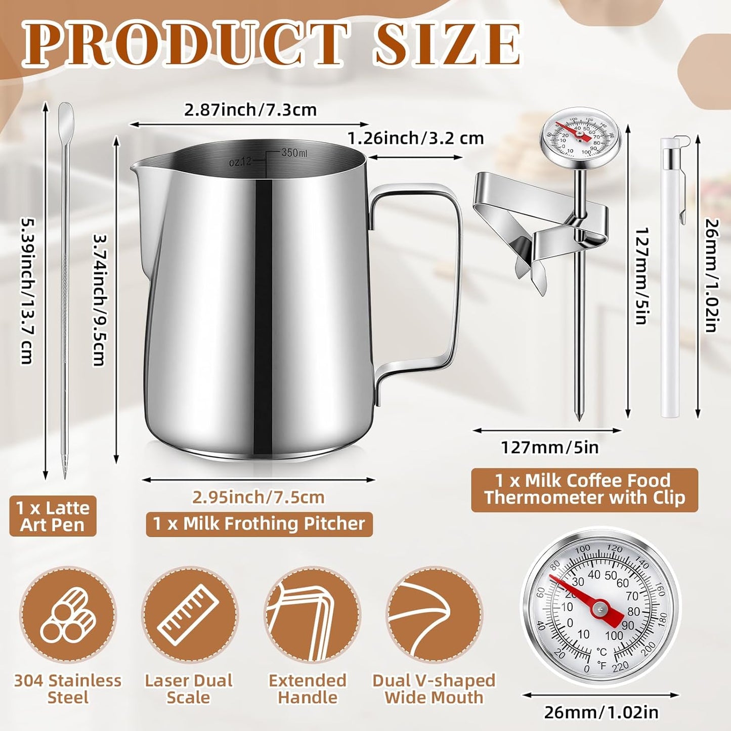Kit 4 Accesorios Espresso Jarra Leche 12oz Acero Inox