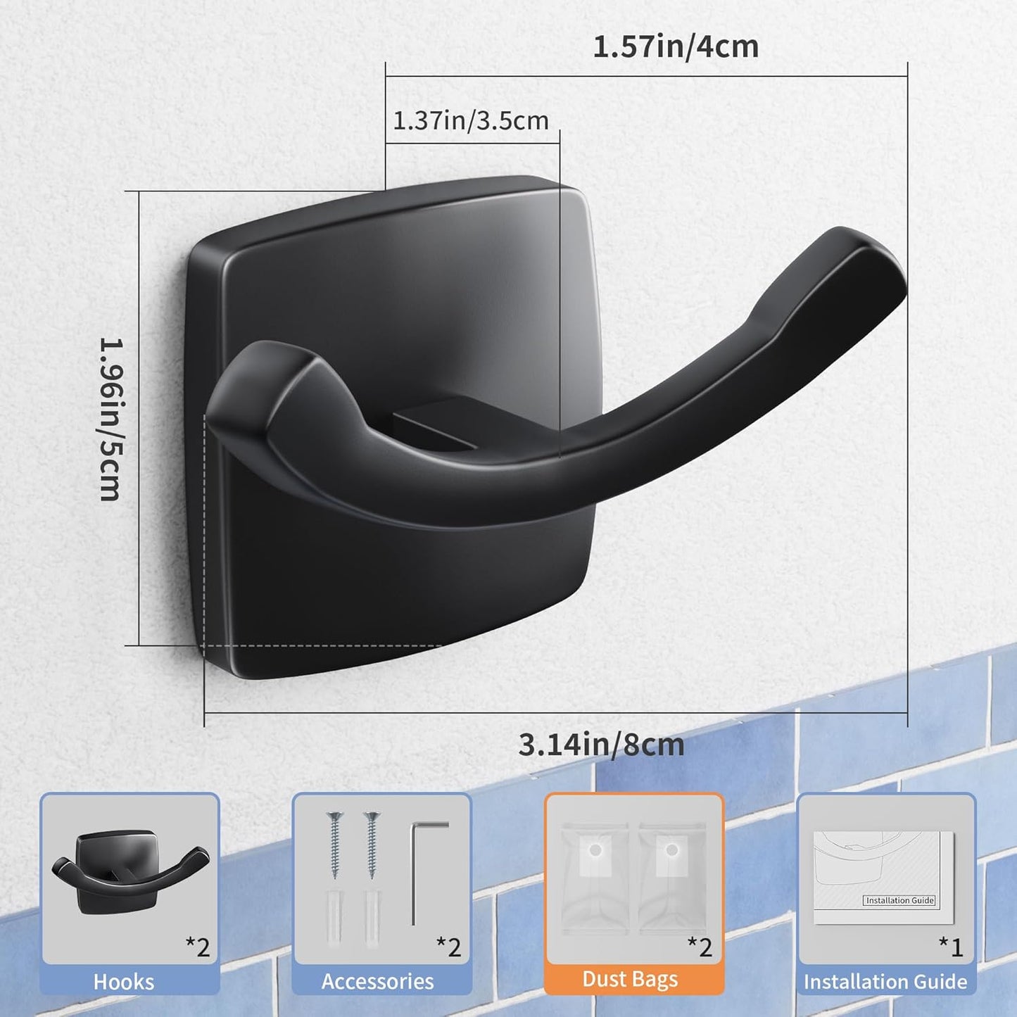 Ganchos dobles baño cocina negro mate 2uds