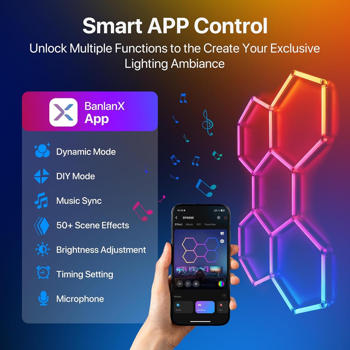 Luces garaje hexagonales 8 LED con app y control remoto