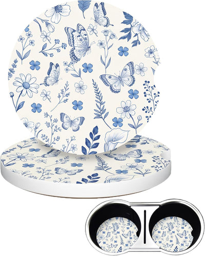 2 Pzas Posavasos Cerámica Azul Vintage con Base Corcho