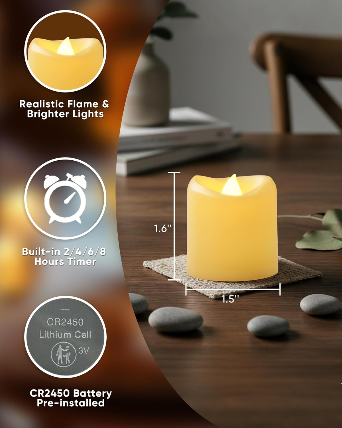 Pack 24 Velas LED Votivas Sin Llama 1.5x1.6pulg Luz Blanca