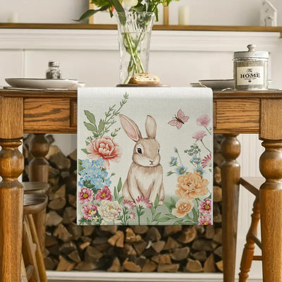 Camino de mesa de conejo de Pascua 13 x 72 pulgadas con peonías coloridas