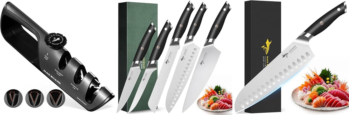 Afilador y set cuchillos cocina Santoku
