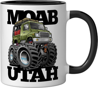 Taza cerámica Moab Utah 4x4 offroad overlanding camioneta diseño cartoon negro/blanco