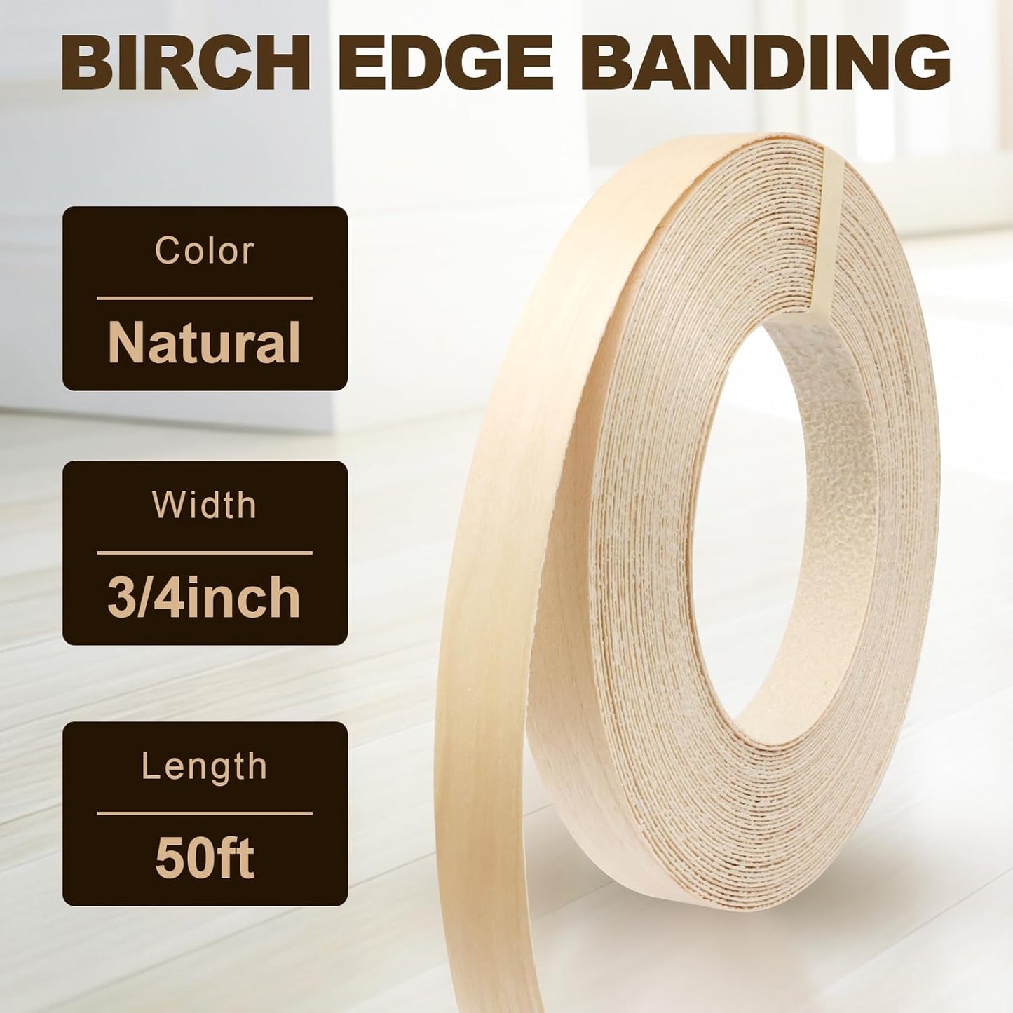 Bandas borde abedul 3/4pulg x50pies para gabinetes
