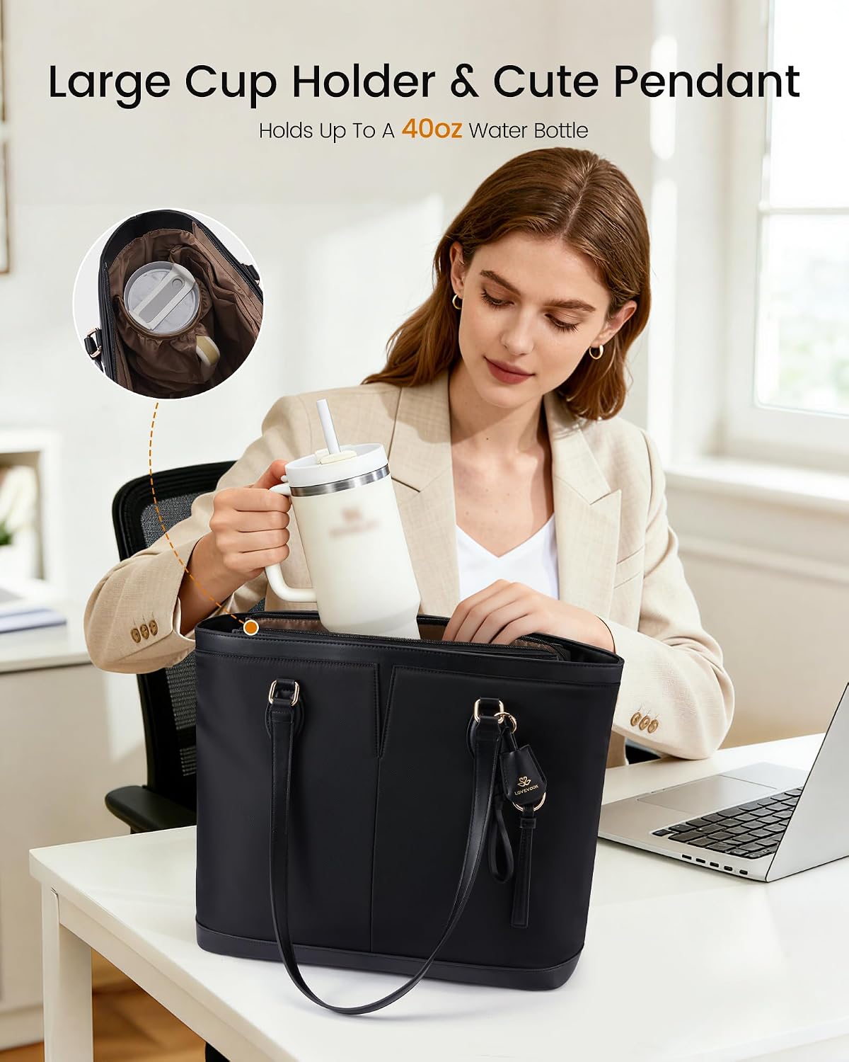 Bolsa mano computadora mujer ligera impermeable con soporte taza