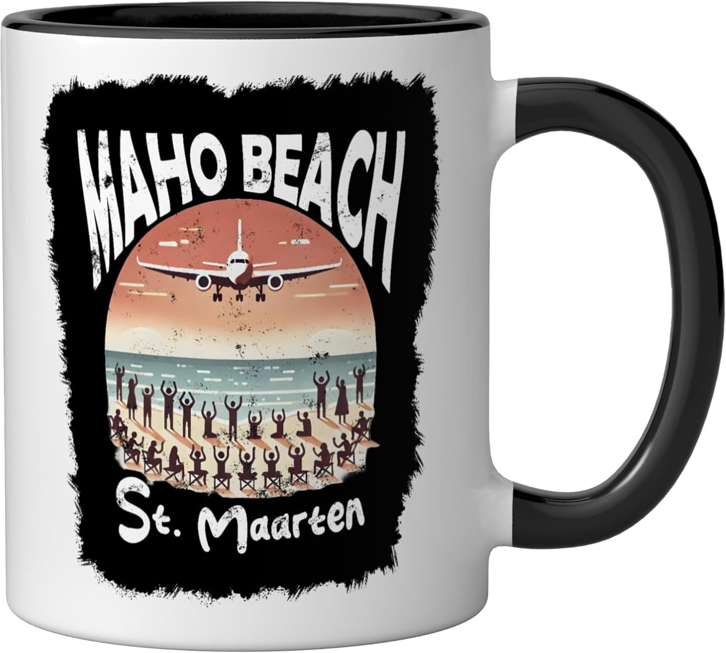Taza de cerámica Maho Beach St. Maarten negra y blanca