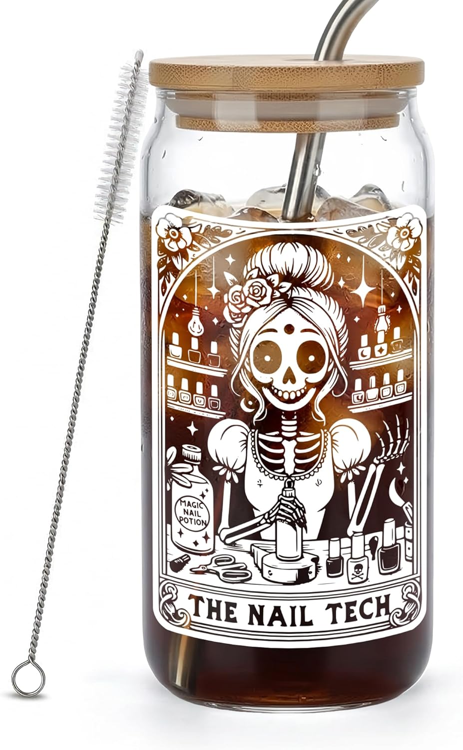 Vaso de cristal con tapa y pajilla para manicurista