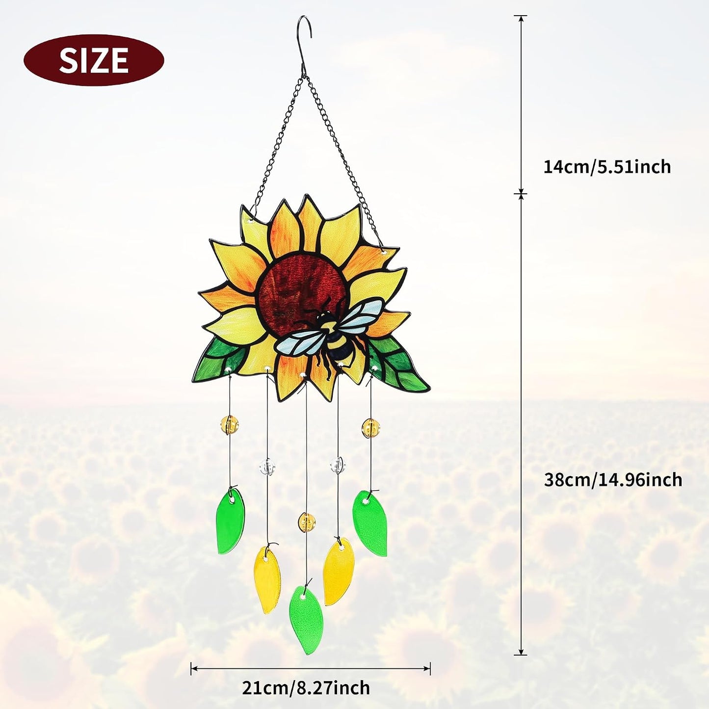 Atrapasoles vitral girasol 20x8pulg pintado a mano