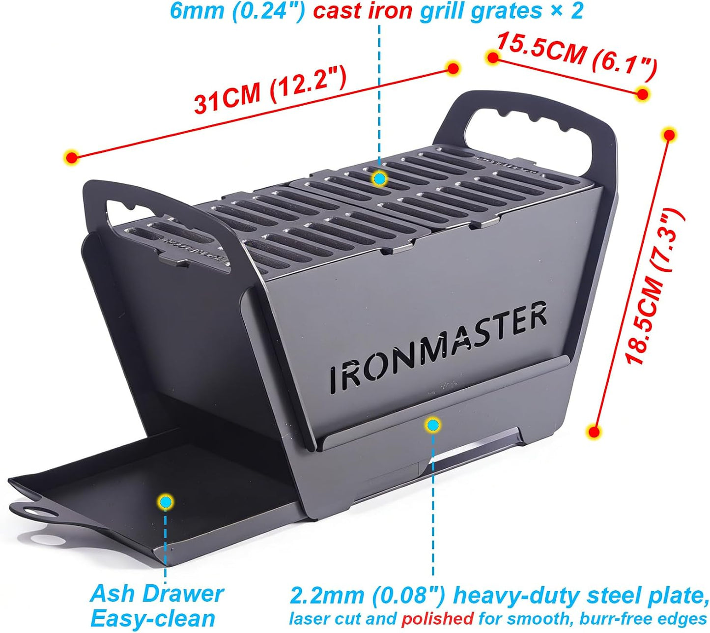 Parrilla Hibachi plegable 11.5x5.5pulg hierro fundido para acampar