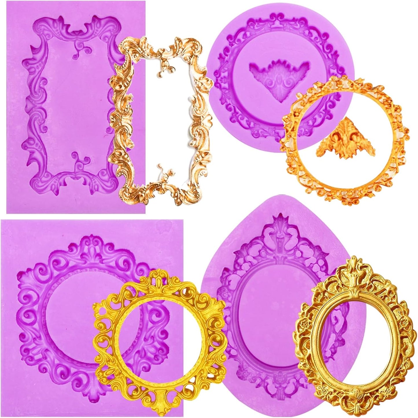 Moldes silicona barroco vintage morado set 4 pzas resina joyas