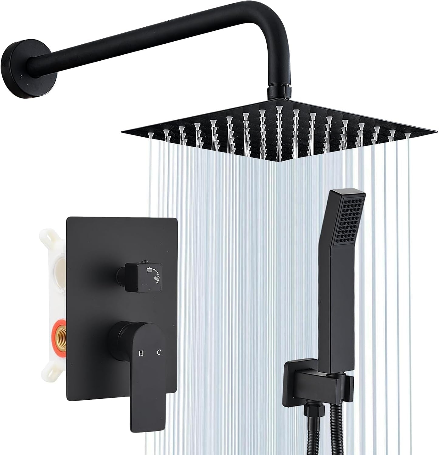 Juego grifo ducha negro mate interruptor desviador 8pulg