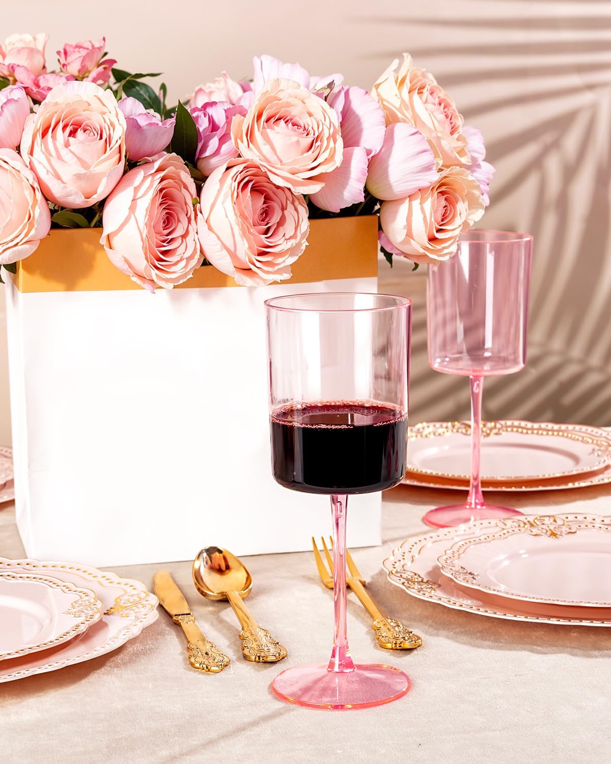 Pack 12 Copas Vino Plástico Rosa Transparente para Fiesta