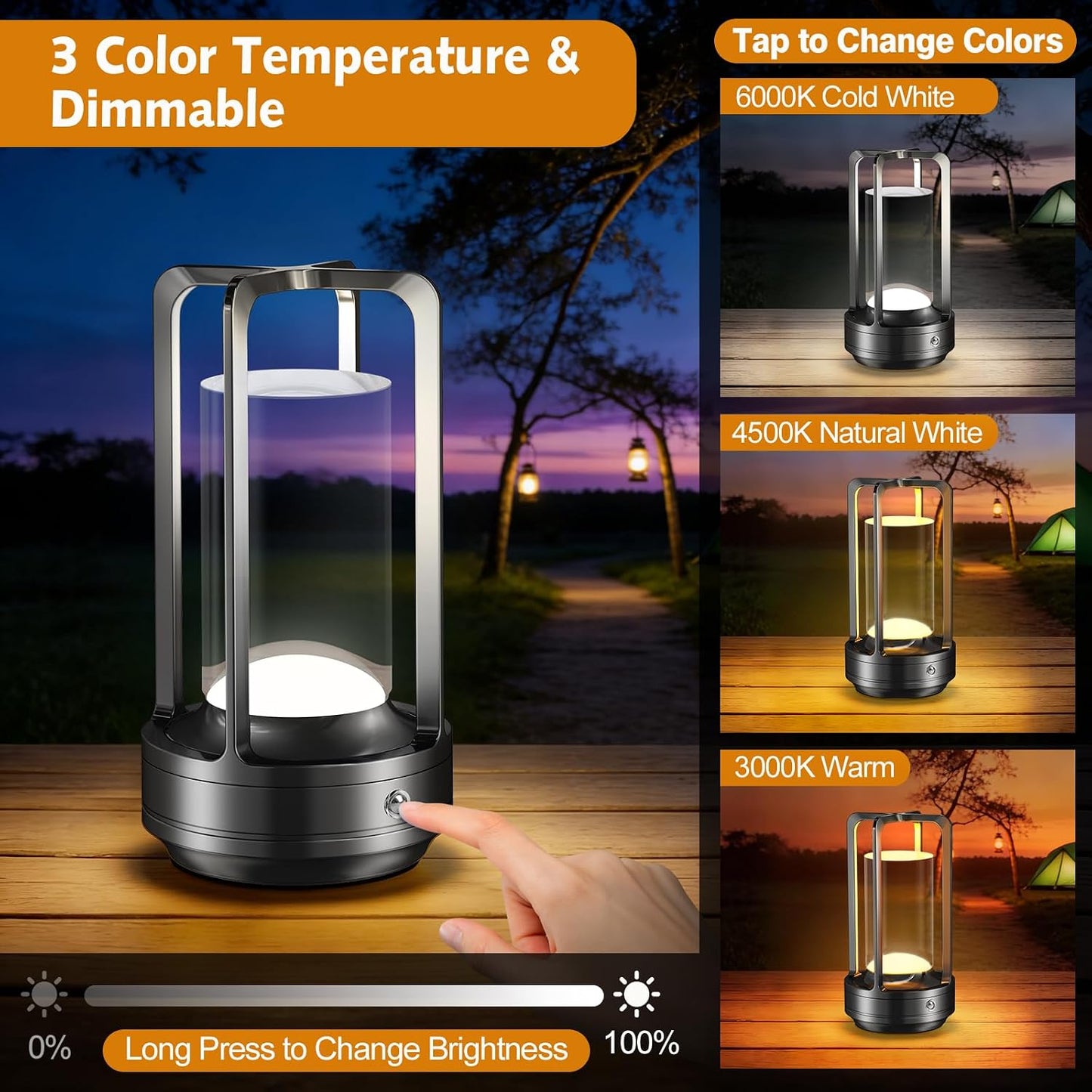Lámpara mesa portátil recargable 3 colores grafito