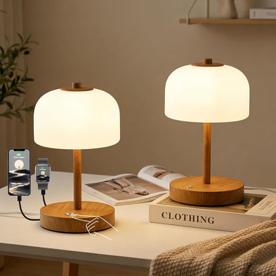 2 Pzas Lámpara Mesa Táctil LED Madera 9pulg 3 Colores Dormitorio