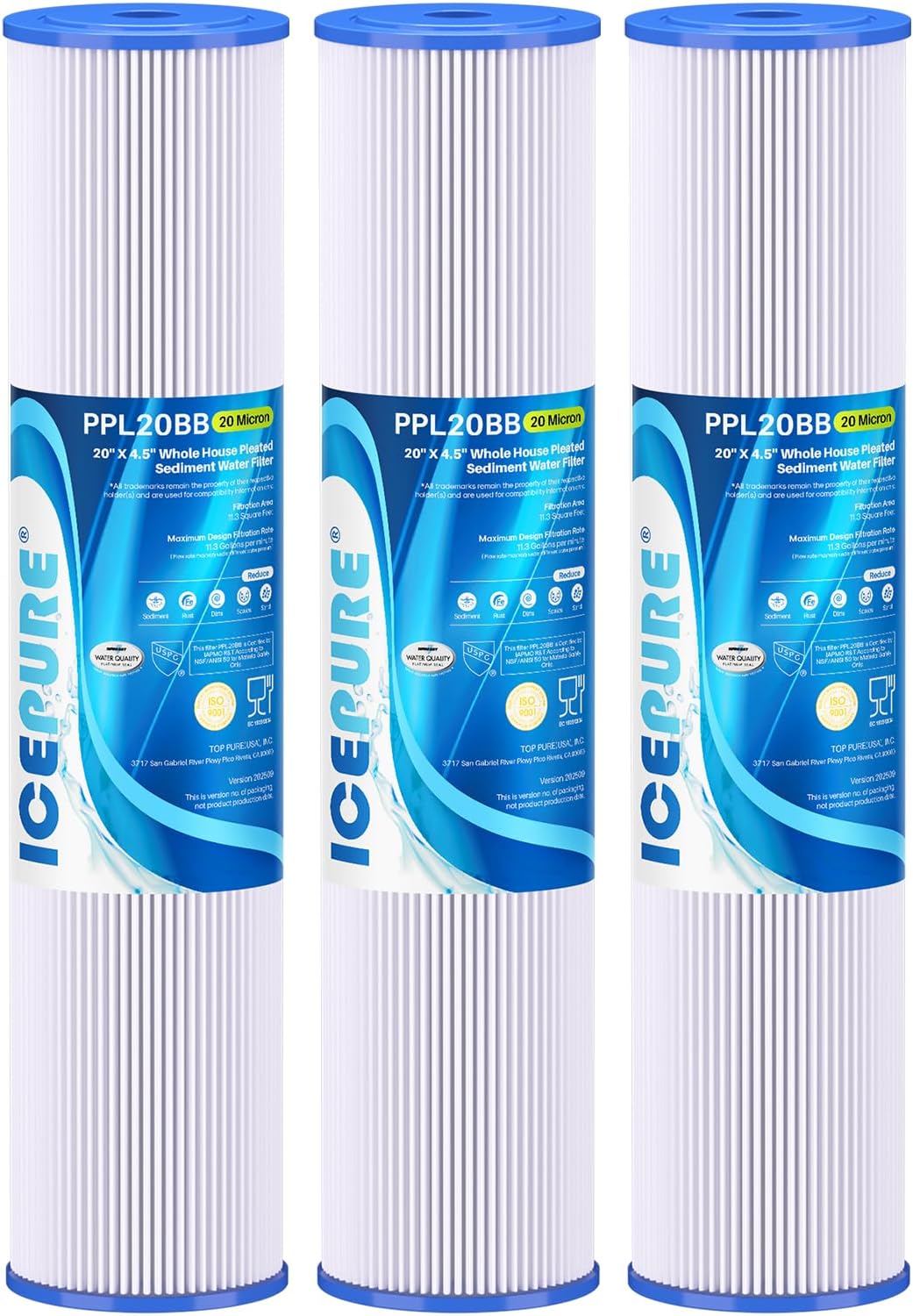 Filtro sedimento plisado 20micrones 20x4.5pulg para agua de pozo