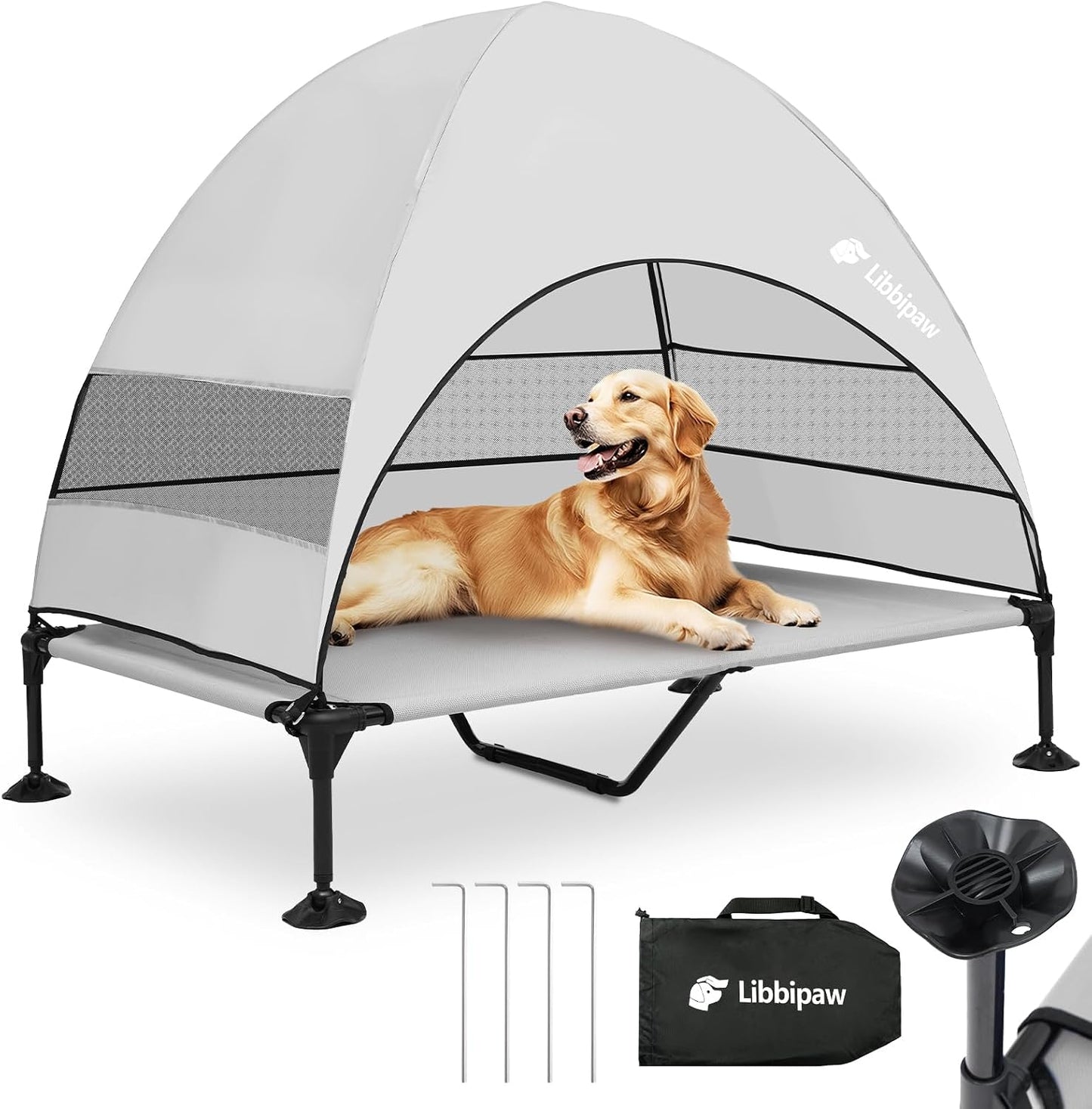 Cama elevada perros resistente viento toldo 90% UV malla Teslin 150lb gris XL