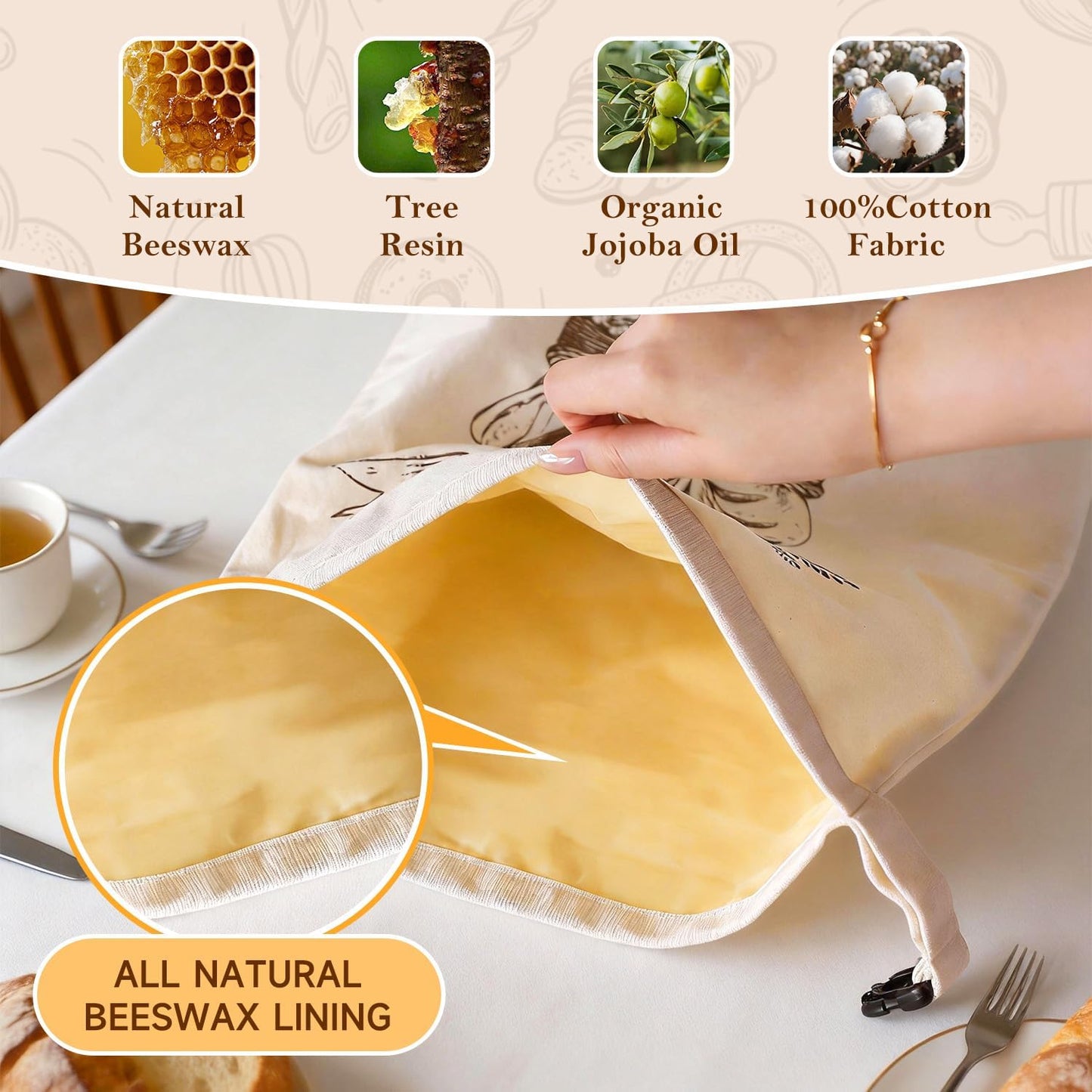Bolsas de pan reutilizables de cera de abejas, algodón y lino XL