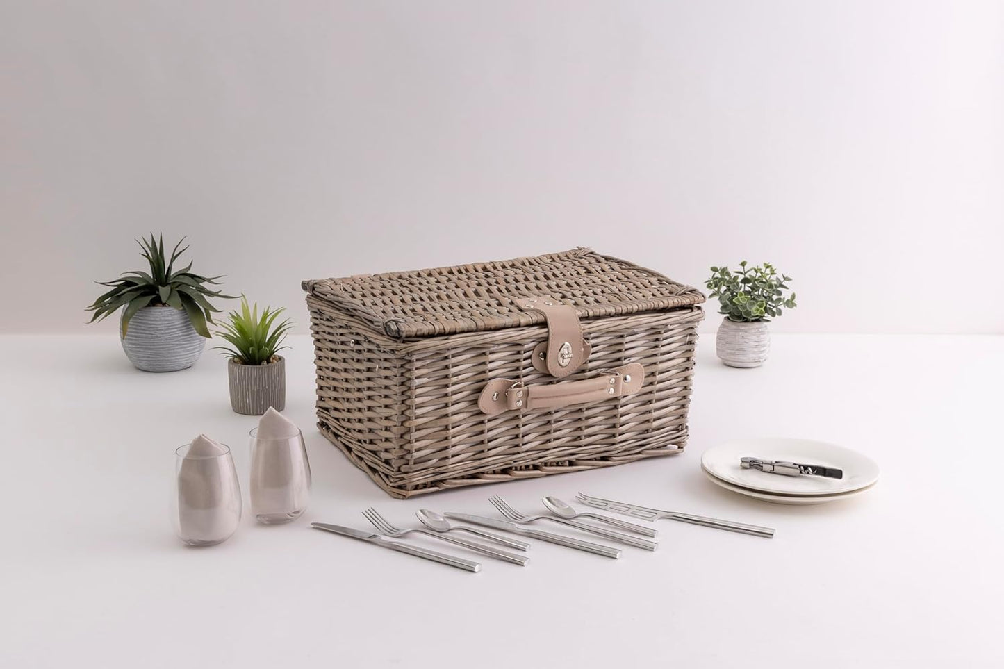 Cesta de picnic clásica romántica de mimbre estilo inglés para 2