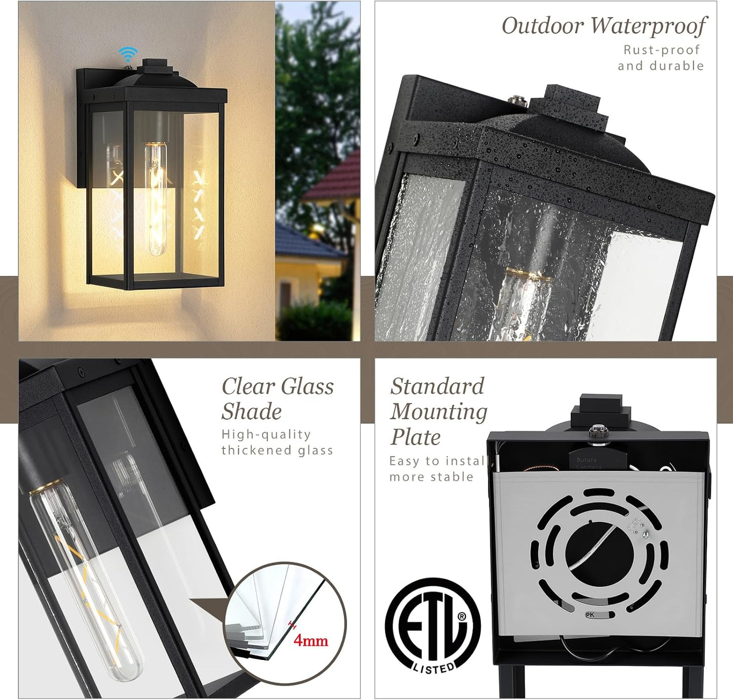 Lámpara pared exterior sensor luz porche negro vidrio