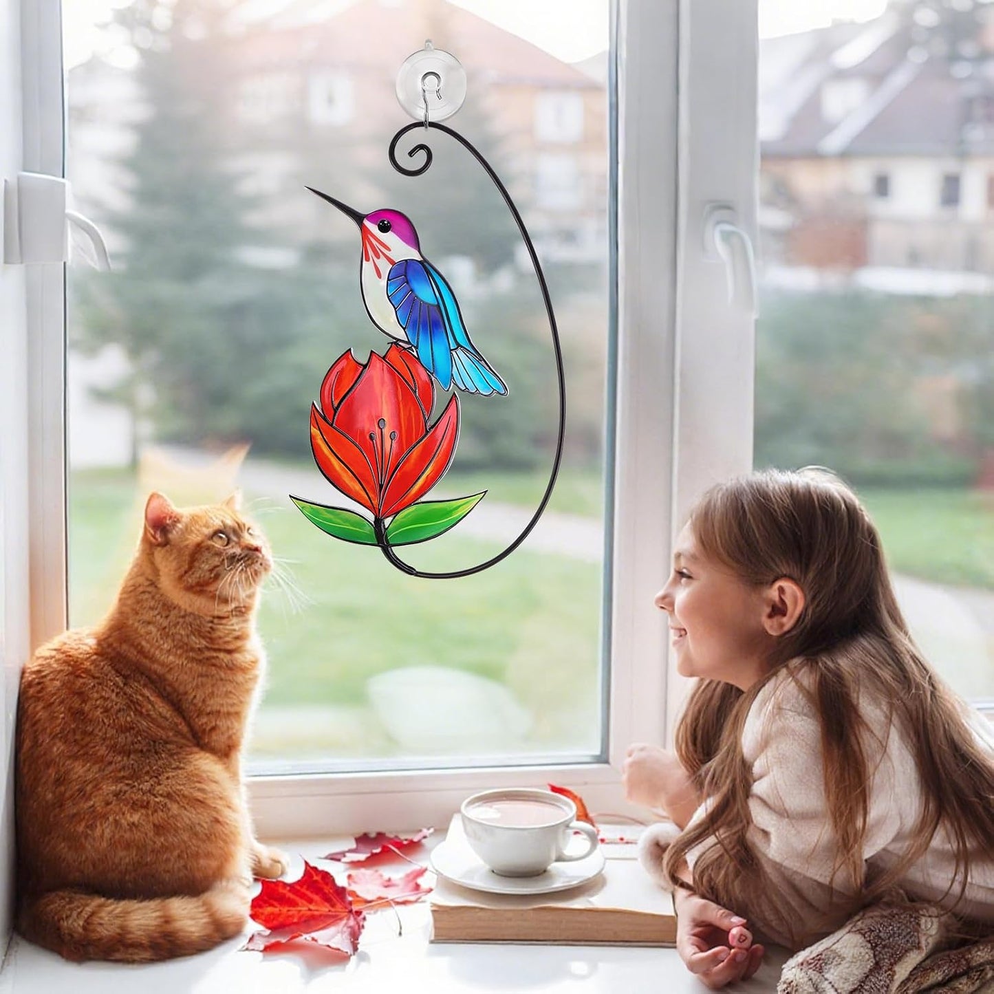 Colibrí azul con flor roja para ventana decoración