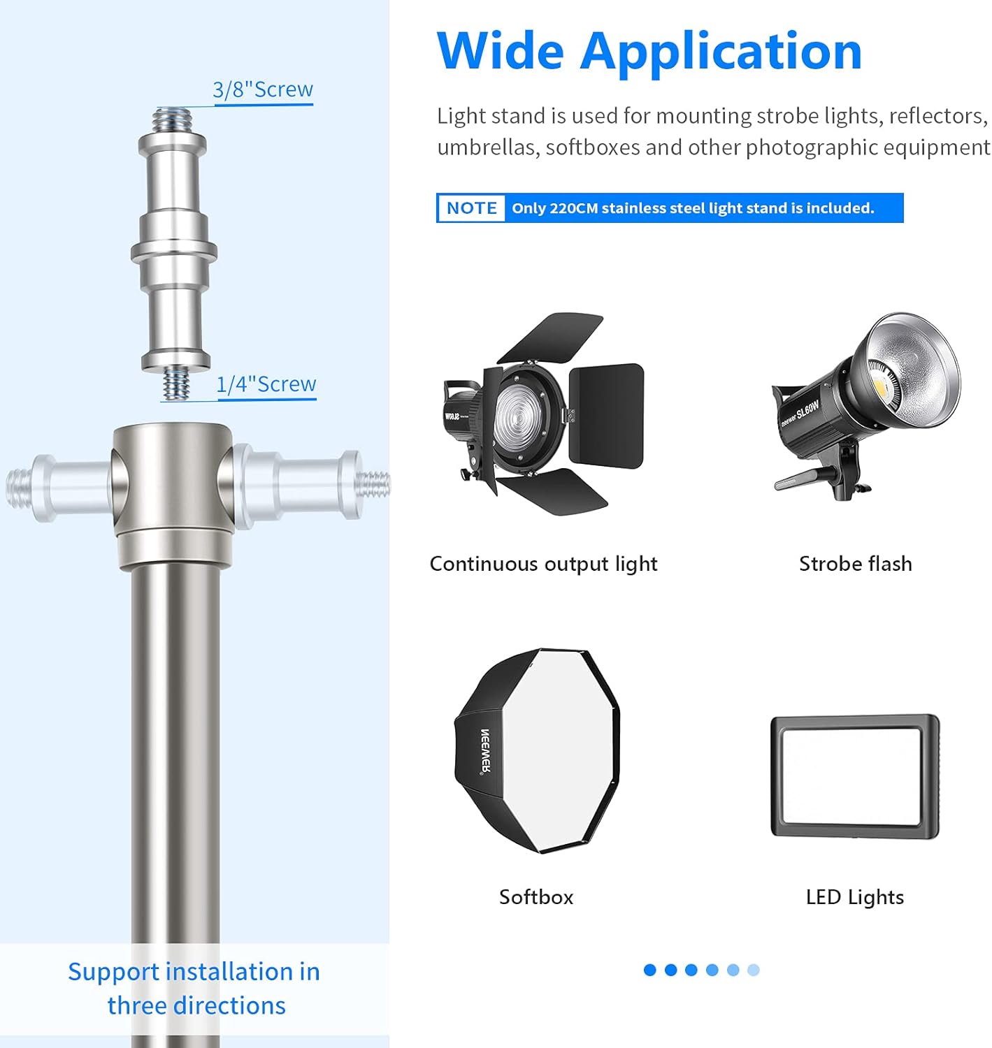 Soporte luz acero inox 79pulg trípode adaptador 1/4 a 3/8