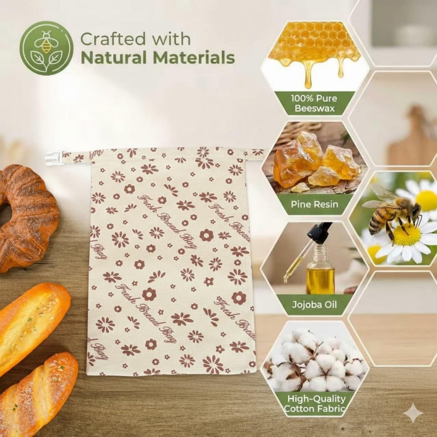 Bolsas de pan de cera de abejas con diseño floral, paquete de 2