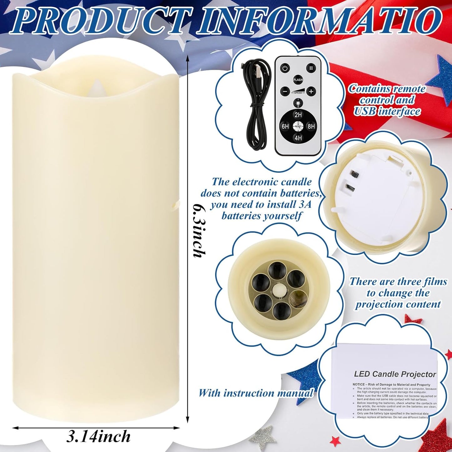 Vela LED sin llama 4 de Julio proyector patriótico