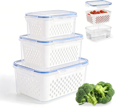 3 Pzas Contenedores Plástico Frutas Verduras con Escurridores