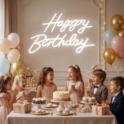 Letrero Neón Feliz Cumpleaños Luz LED Regulable Blanco