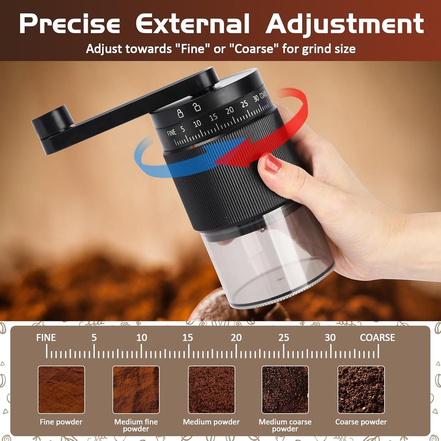 Molinillo de café manual con 95 rebabas cerámica ajustable para granos y polvo