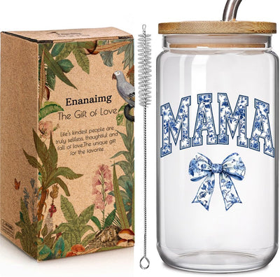 Taza de vidrio con diseño de flores azules tapa pajita regalo para mama