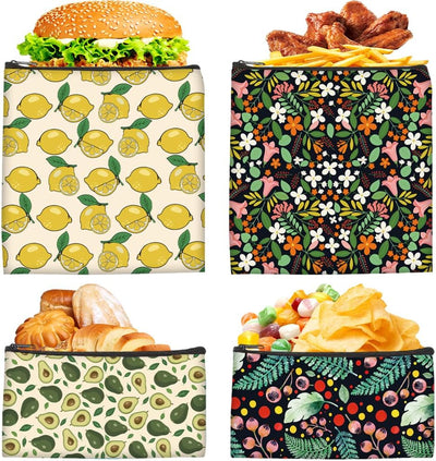 Bolsas reutilizables para aperitivos frutas 4 unidades diseño cremallera lavable estampado floral